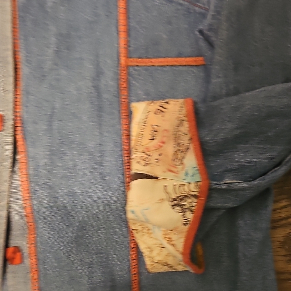 VINTAGE 80s Nancy Bolen City Girl Denim shirt Large Patch Embroidery Orange Trim - Picture 5 of 9